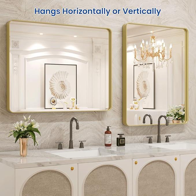 WEER Gold Bathroom Mirror, 24X36 Inch Brushed Gold Metal Frame Mirror, Rounded Rectangle Gold Bathroom Vanity Mirror for Wall, Tempered Glass, Anti-Rust, Hangs Horizontally or Vertically - ModernBath