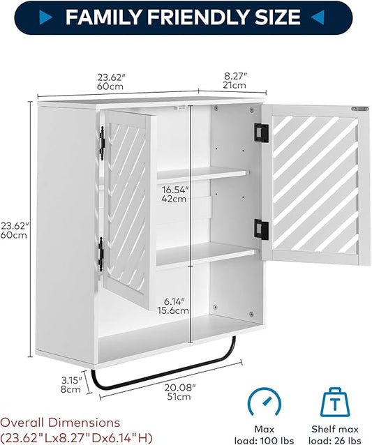 Wall Mounted Bathroom Cabinet with Openwork Doors and Towel Bar, Extra Deep Over The Toilet Storage, Waterproof Farmhouse Medicine Cabinet for Bathroom, Kitchen, Laundry Room (23.6"x8.3"x23.6", White)
