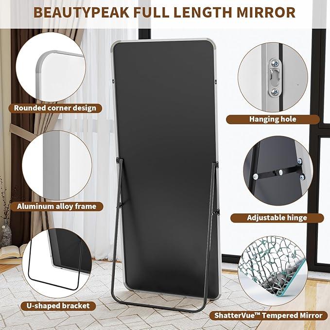 BEAUTYPEAK Silver Full Length Mirror, 56"x21" Rounded Corner Floor Mirror Standing Hanging or Leaning Against Wall, Suitable for Bedroom or Dressing Room - ModernBath