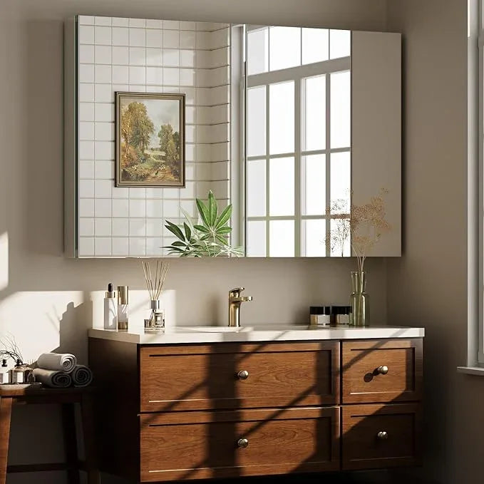 Bathroom Medicine Cabinet Mirror with Storage, 40 Inch x 26 Inch Silver Medicine Cabinet with Double Door & Adjustable Shelves for Vanity, Aluminum Surface, Wall-Mount or Recessed - ModernBath