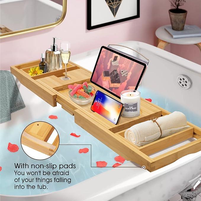 Artmalle Bathtub Caddy Tray for Tub,Foldable Bamboo Bath Table Tray with Book and Wine Glass Holder, Free Soap Dish Suitable for Luxury Spa or Reading,Natural - ModernBath