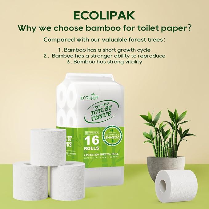ECOLipak Bamboo Toilet Paper, Septic Safe Toilet Tissue, 16 Double Rolls, 320 Sheets Per Roll, Tree Free, Non Toxic, 2 Ply, Soft and Absorbent, Eco Friendly Dye-Free Paper - ModernBath