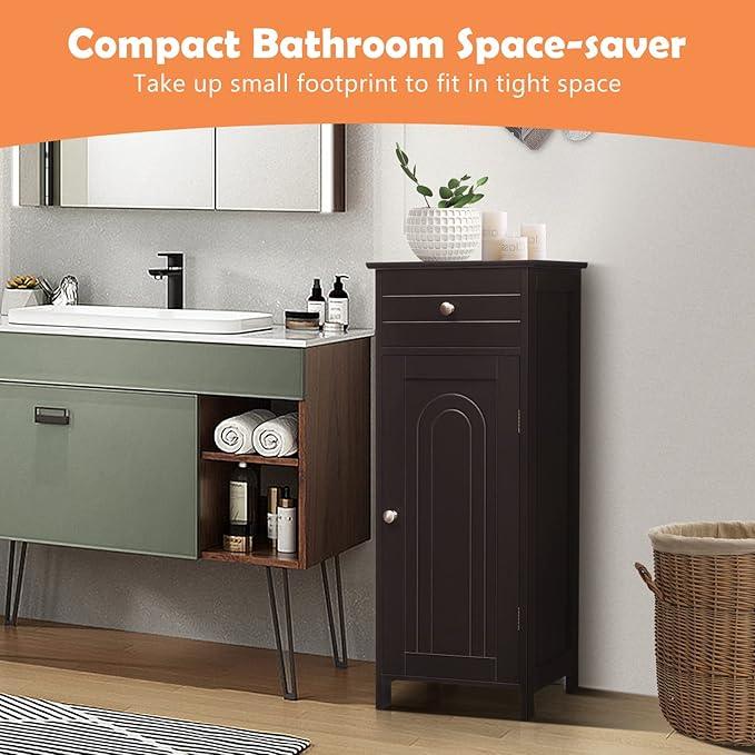 COSTWAY Bathroom Storage Cabinet, Single Door Floor Cabinet with Drawer and 3-Level Adjustable Shelves, Modern Side Storage Organizer with Anti-Tipping Device for Living Room, Bedroom (Brown) - ModernBath