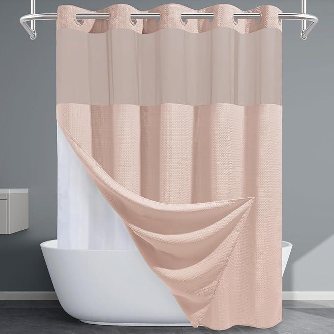 EUTXL Blush Pink Long No Hook Shower Curtain with Snap in Liner,230GSM Waffle Weave Shower Curtains for Bathroom,71W x 86H - ModernBath