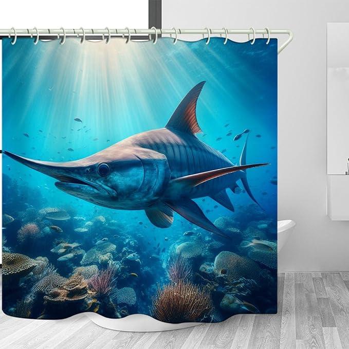 LYFANS Bathroom Using Undersea Swordfish 3D Shower Curtains, Luxury Bathtub Standard Shower Curtain, Waterproof and Bright Fabric Shower Curtain, Size (72x72 Inches) - ModernBath