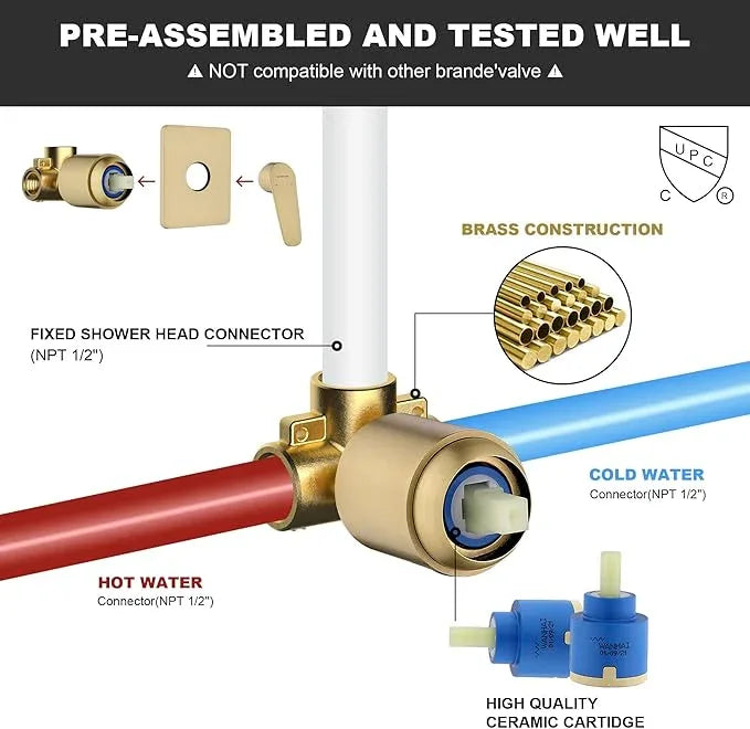 Lavatrum Gold Shower Head and Valve Set Single Spray Premium Wall Mount 8 Inch Rainfall Squre 1 Handle Shower Faucet with Rough-in Valves and Knob Kit for Bathroom Mixer （1.8GPM) - ModernBath