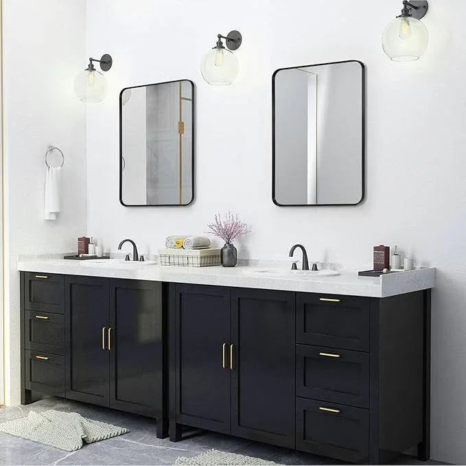 Minuover Wall Mount Mirror for Bathroom, Brushed Black Metal Framed Rounded Corner Rectangular Vanity Mirror, Tempered Glass, Anti-Rust, Hangs Horizontally or Vertically (22" x 30", Black) - ModernBath