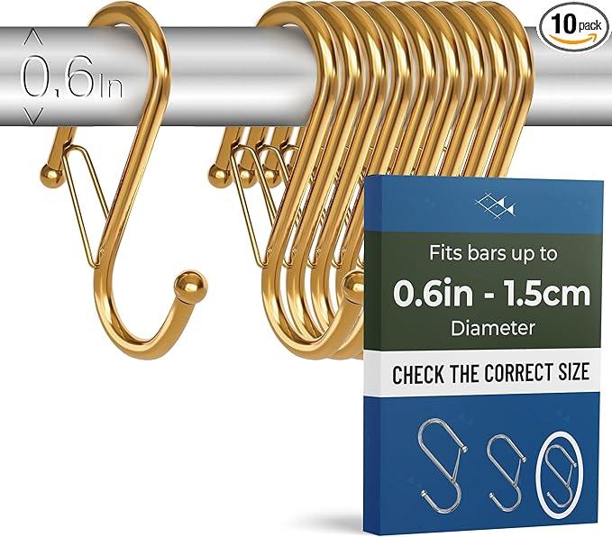 Blau Marité 10-Pack Metal S Hooks for Hanging – Heavy-Duty S-Shaped Hooks with Safety Buckle – Fits Bars up to 0.6 In – Anti-Drop Hook for Kitchen, Pot Racks & Towel Bars – Gold (Small) - ModernBath