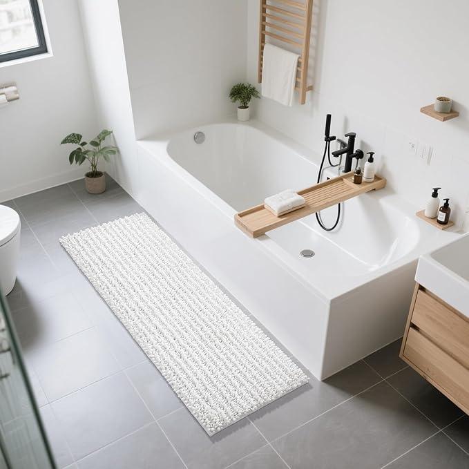 Yimobra Bathroom Runner Rug 60x24 Inch - Extra Long Non Slip Chenille Bath Mat, Soft & Absorbent, Machine Washable Shaggy Hallway Carpet for Vanity Tub Shower, White Home Decor Accessories - ModernBath
