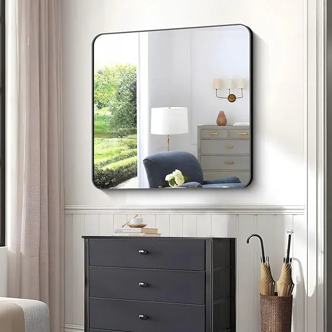 CIVENO Bathroom Mirror, 42x42 inch Black Square Wall Mirror, Rounded Corner Aluminum Metal Frame Vanity Mirror, Large Wall Mounted Mirrors for Over Sink Bedroom Living Room Entryway - ModernBath