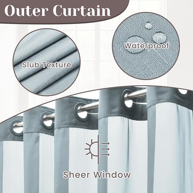 SORTTO No Hook Slub Textured Shower Curtain with Snap in Liner - Stone Blue Fabric Outer Curtain & Waterproof Inner Liner, Hotel Style with See Through Top Window, 71x74 in - ModernBath