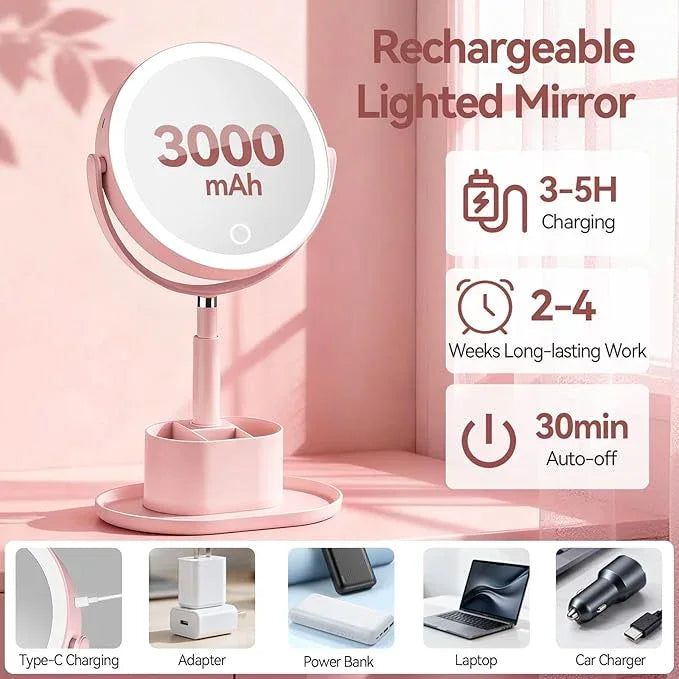 Shinowa Makeup Mirror with Lights, 1X/20X Lighted Magnifying Mirror with Storage for Makeup & Jewelry, 2-Sided Height Adjustable Vanity Mirror with 3 Color Lights, 360° Rotation & Rechargeable, Pink - ModernBath