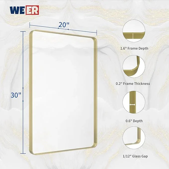 WEER Gold Bathroom Mirror, 20X30 Inch Brushed Gold Metal Frame Mirror, Rounded Rectangle Gold Bathroom Vanity Mirror for Wall, Tempered Glass, Anti-Rust, Hangs Horizontally or Vertically - ModernBath