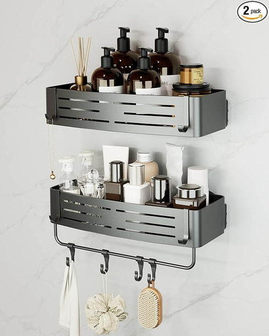 Onemake Shower Caddies Suction Cup, 2-Pack Removable Bathroom Shelf, Shower Organizer with Portable Hooks, Shower Caddy Corner Waterproof Holder with Towel Bar, Gray - ModernBath