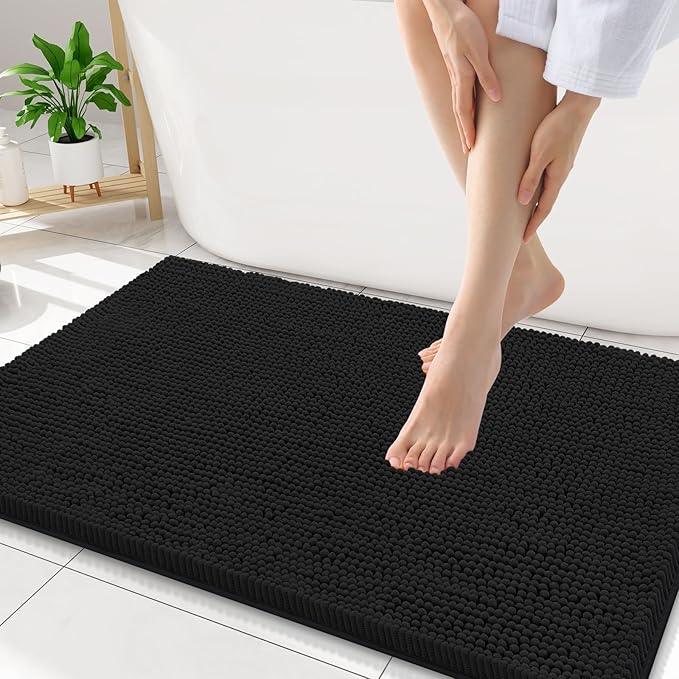 Smiry Luxury Chenille Bathroom Rugs 34x21, Extra Soft and Absorbent Shaggy Bath Mat, Machine Washable, Non-Slip Plush Carpet Runner for Tub, Shower, and Floor, Home Decor Accessories, Black - ModernBath