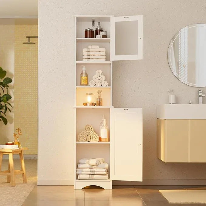 Gizoon 67.1" Tall Bathroom Storage Cabinet with Adjustable Shelves, Narrow Tall Linen Tower with Open Shelves, Two-Way Doors Freestanding Cabinet with Anti-Tip, for Home, Kitchen, Living Room, White - ModernBath