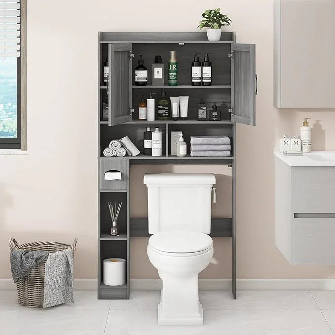 Vabches Over The Toilet Storage Cabinet, Farmhouse Style with 2 Barn Doors, Toilet Paper Holder, Space-Saving for Bathroom & Laundry, Gray - ModernBath