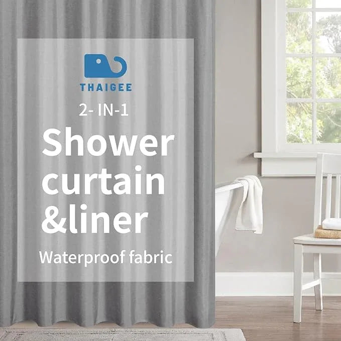 THAIGEE 2-in-1 Waterproof Extra Long Fabric Shower Curtain or Liner,Linen Textured,84 Inch Breathable TPU & Washable Bathroom Shower Curtain Set with 12 Plastic Hooks,Modern,72"x84" Grey - ModernBath