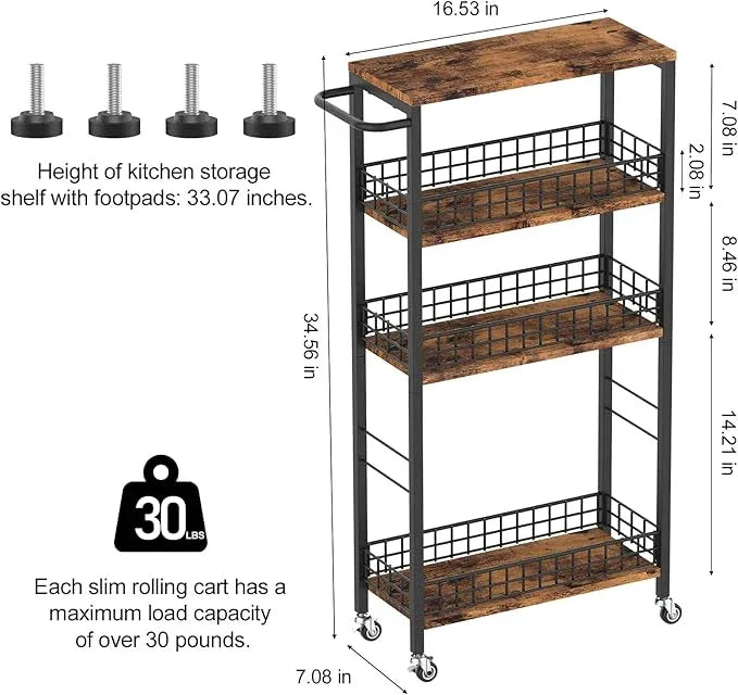Slim Storage Cart Rolling Kitchen Cart with Wheels Narrow Laundry Storage Utility Cart 4 Tier Bathroom Mobile Shelving Unit Organizer with Wood Tabletop Trolly Cart with Handle for Small Spaces, Brown - ModernBath