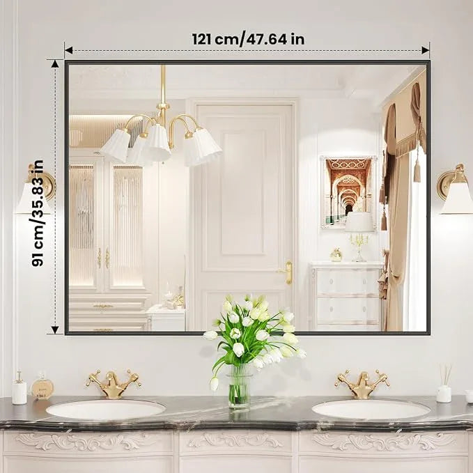 LOAAO Black Bathroom Mirror 48"X36" for Wall, Rectangle Bathroom Vanity Mirror, Tempered Glass, Hangs Vertically or Horizontally, Easy to Install, Modern Design - ModernBath