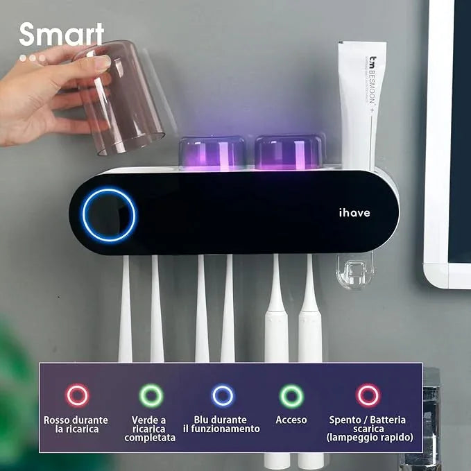 iHave Wall Mounted Electric Toothbrush Holders with 3 Cups, UV Sanitizer, Toothpaste Dispenser, Smart Home Bathroom Accessories & Decor, Black - ModernBath
