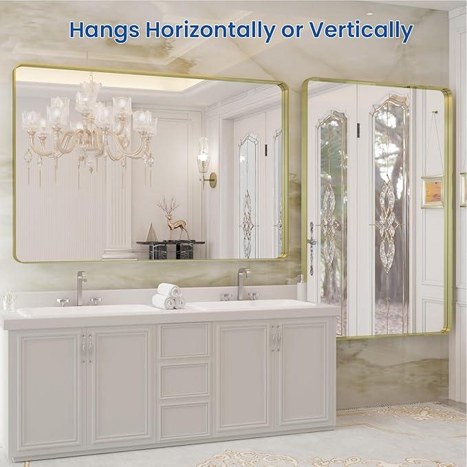WEER Gold Bathroom Mirror, 48X32 Inch Brushed Gold Metal Frame Mirror, Rounded Rectangle Gold Bathroom Vanity Mirror for Wall, Tempered Glass, Anti-Rust, Hangs Horizontally or Vertically - ModernBath
