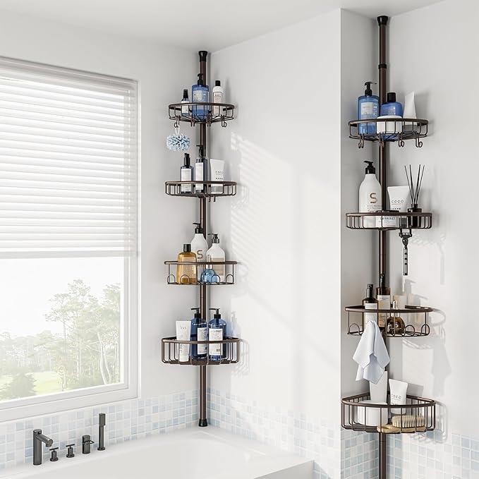 Corner Shower Caddy Tension Pole: Stainless Steel Rustproof 4-Tier Shower Organizer - 47-121 inch Adjustable Bathroom Shelves for Bathtub Shampoo Storage - Tension Rod Floor Standing Bath Rack -Bronze - ModernBath