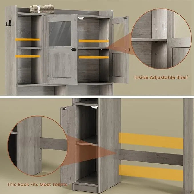 Itaar Over The Toilet Storage Cabinet, Over Toilet Bathroom Organizer with Glass Doors & Toilet Paper Holder Stand, Home Space-Saving Toilet Rack, for Bathroom, Restroom, Laundry, Grey - ModernBath