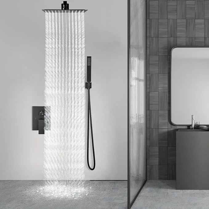 Aolemi Shower Faucet Set Rain Shower System with Handheld Spray Bathroom Shower Combo Rough-in Valve and Shower Trim Kit Included Matte Black 16 Inch Wall Mount Shower Head - ModernBath