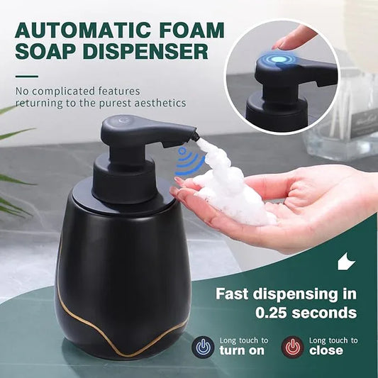 BosilunLife Automatic Foaming Soap Dispenser - Touchless Foam Hand Wash Dispenser for Bathroom Black Ceramic Smart Electric Auto Dish Soap Dispenser Waterproof, USB C Rechargeable, 17 oz/500 ml - ModernBath