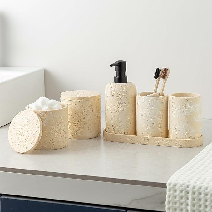 WUUAHOME Bathroom Accessories Set, Travertine Stone-Look, 6 PCS Bathroom Accessory Set with Soap Dispenser, Toothbrush Holder, Tumbler, Vanity Tray, Cotton Swab Jars for Countertop (Yellow) - ModernBath