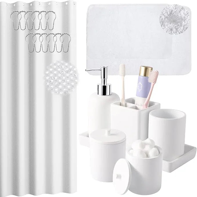 21 Pcs Bathroom Accessory Set with Waterproof Shower Curtain and Non Slip Mat,Resin Bath Set with Toothbrush Holder and Lotion Soap Dispenser,Bathroom Countertop Organizer Set for Home Apartment - ModernBath