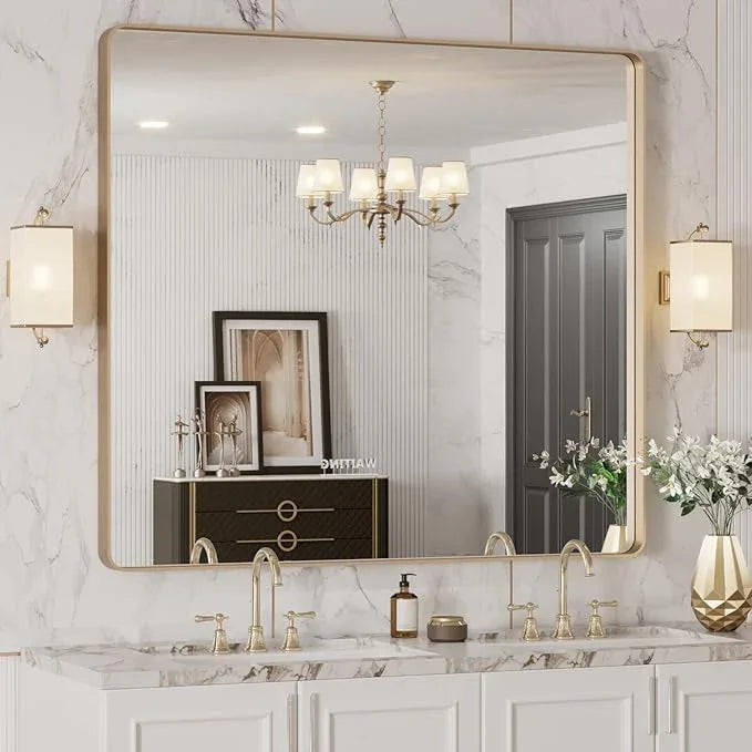 LOAAO 40”X36” Gold Bathroom Mirror, Rounded Rectangle Gold Frame Mirror, Brushed Gold Bathroom Vanity Mirror Wall-Mounted, Anti-Rust, Tempered Glass, Hangs Horizontally or Vertically - ModernBath