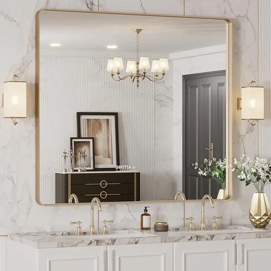 LOAAO 40”X36” Gold Bathroom Mirror, Rounded Rectangle Gold Frame Mirror, Brushed Gold Bathroom Vanity Mirror Wall-Mounted, Anti-Rust, Tempered Glass, Hangs Horizontally or Vertically - ModernBath
