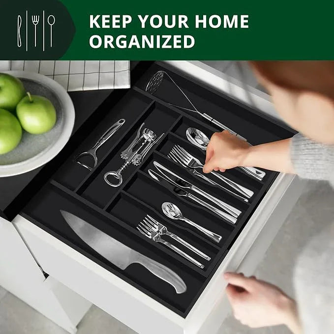 ROYAL CRAFT WOOD Luxury Bamboo Kitchen Drawer Organizer - Silverware Organizer - Utensil Holder and Cutlery Tray with Grooved Drawer Dividers for Flatware and Kitchen Utensils (9 Slot, Black) - ModernBath