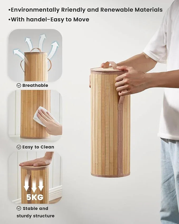 Bamboo Toilet Paper Storage Basket with Lid & Handle - 10L Handwoven Bathroom Organizer for 4 Rolls - Sturdy Stand Holder for Toilet Paper Organization, Natural - ModernBath
