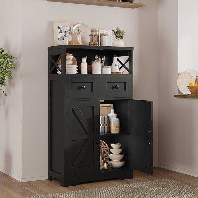 Black Farmhouse Kitchen Pantry Cabinet With Doors and Shelves, Coffee Bar Storage, Freestanding Floor Hutch Cupboard for Kitchen, Laundry, Living Room - ModernBath