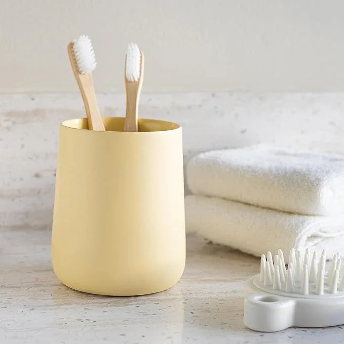 Yew Design Matte Yellow Cream Toothbrush and Toothpaste Holder and Cup for Bathroom Vanity and Countertop, Round Organizer for Electric Toothbrushes, Floss, Razors, Cotton, and Mouthwash - ModernBath