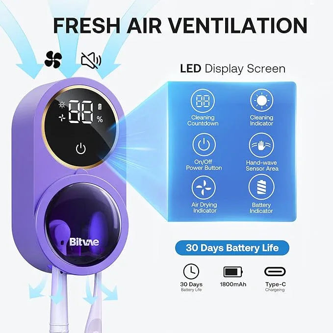 Bitvae Upgraded Tooth Brush Holder for Bathroom 2.0, Infrared Sensing Toothbrush Cleaner, Wall-Mounted for Most Size Toothbrushes, Air Drying, LED Smart Screen, Purple - ModernBath