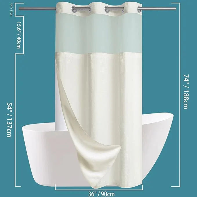 Conbo Mio Stall No Hook Waffle Weave Shower Curtain with Snap in Liner Set, Hotel Luxury Beige Shower Curtains for Bathroom with See Through Top Window, Waterproof, Washable 36W x 74H - ModernBath