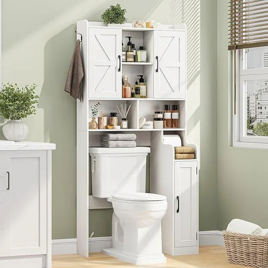 Over The Toilet Storage Cabinet, Bathroom Over Toilet Storage Organizer with Barn Doors and Paper Holder Stand Farmhouse Space Saving Rack Cabinet with Adjustable Shelves for Bathroom, Laundry (White) - ModernBath