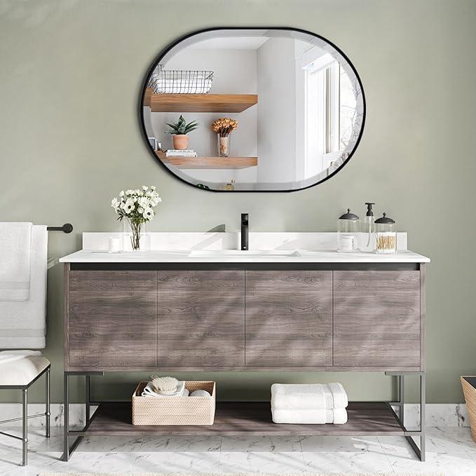 POZINO Black Oval Mirror, Modern Beveled Mirror for Over Sink, 22"x30" Rounded Rectangle Mirrors, Oblong Vanity Wall Mirrors in Premium Stainless Steel Frame, Hangs Horizontal Or Vertical - ModernBath