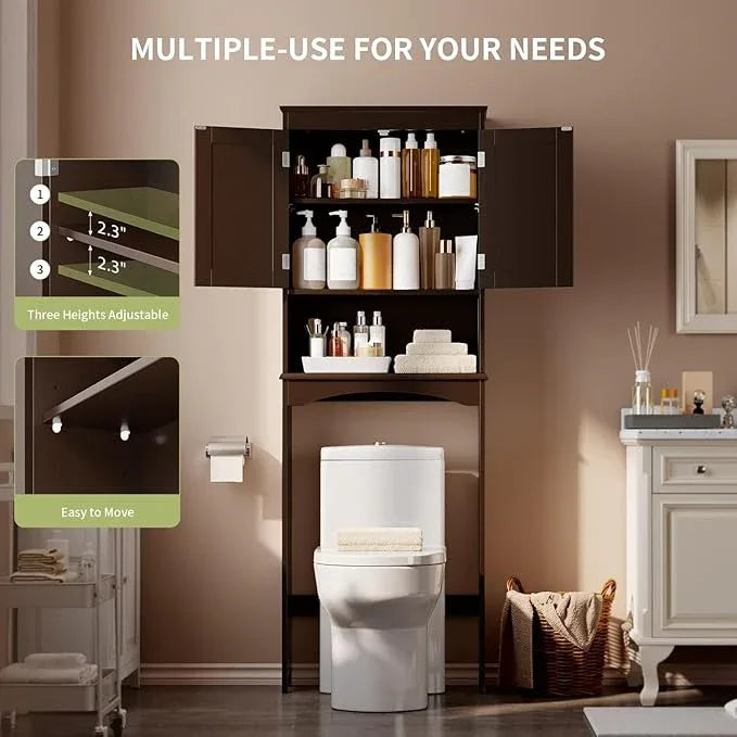 Gizoon Over The Toilet Storage Cabinet with Adjustable Shelf and Double Doors, Bathroom Space Saver Organizer Above Toilet with Open Shelf, Taller Wooden Free Standing Toilet Rack -Espresso - ModernBath
