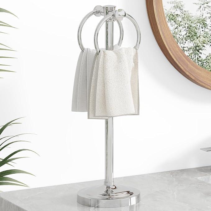Hoimpro 17" Polished Chrome Standing Towel Rack Bracket, Double Towel Ring Free Hand Towel Stand Holder Bathroom Hardware Accessories Set Towel Bar for Bathroom Vanities and Kitchen Countertops - ModernBath