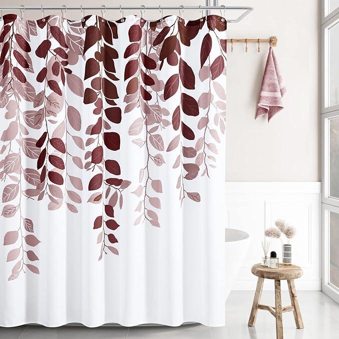 BOODII Dark Red Leaves Shower Curtain Set Burgundy Red Watercolor Eucalyptus Shower for Bathroom Botanical Nature Floral Plant Bath Curtain Natural Bathroom Decor 72x72 inch - ModernBath