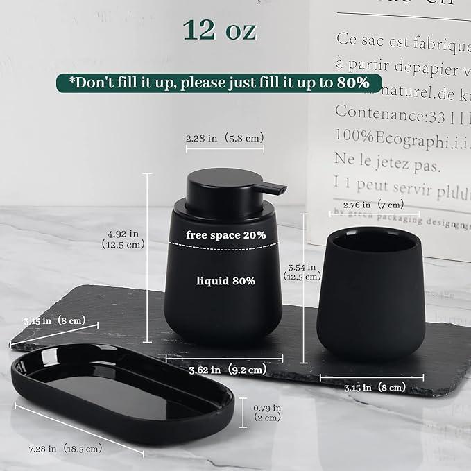 BosilunLife Black Bathroom Accessory Set - 3 pcs Ceramic Bathroom Soap Dispenser Set Farmhouse Bathroom Counter Decor Set Accessories, Soap Dispenser and Toothbrush Holder, Tray (Liquid Pump) - ModernBath