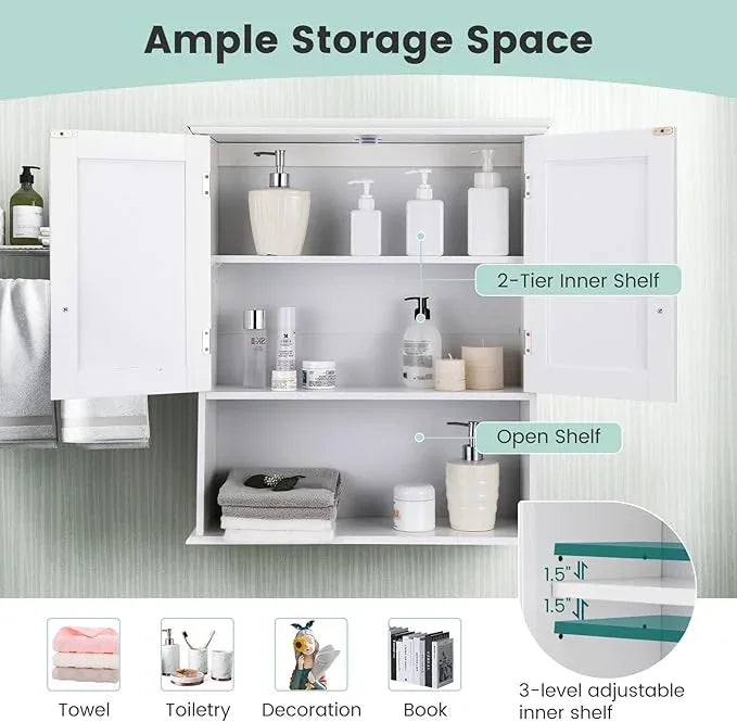 Giantex Bathroom Wall Cabinet, Wall Mounted Bathroom Cabinet with Adjustable Shelf, 2-Door, Over Toilet Storage Cabinet, Medicine Cabinets for Bathroom, Kitchen, Laundry Room, Cupboard (White) - ModernBath