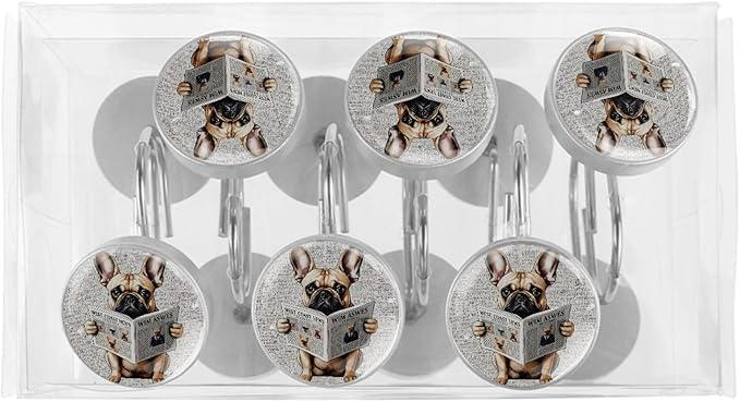 Dog Reading Newspaper Shower Curtain Hooks 12Pcs, Decorative Rust Resistant Shower Rings for Shower Curtain Rods, Stainless Steel Round Curtain Hooks for Bathroom, Bedroom, Farmhouse - ModernBath