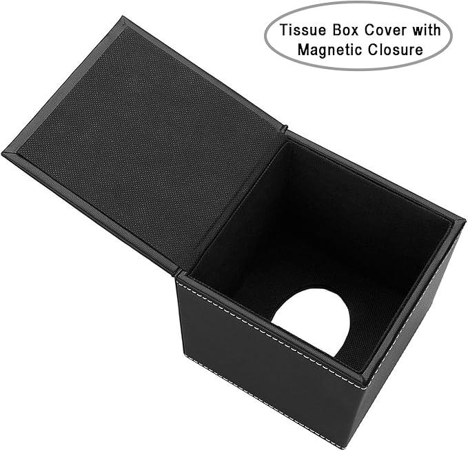 KINGFOM Square Pu Leather Tissue Box Cover, Modern Facial Tissue Holder, Roll Tissues Paper Case Dispenser for Bathroom Vanity Countertop, Night Stands, Office Desk & Car(Black) - ModernBath