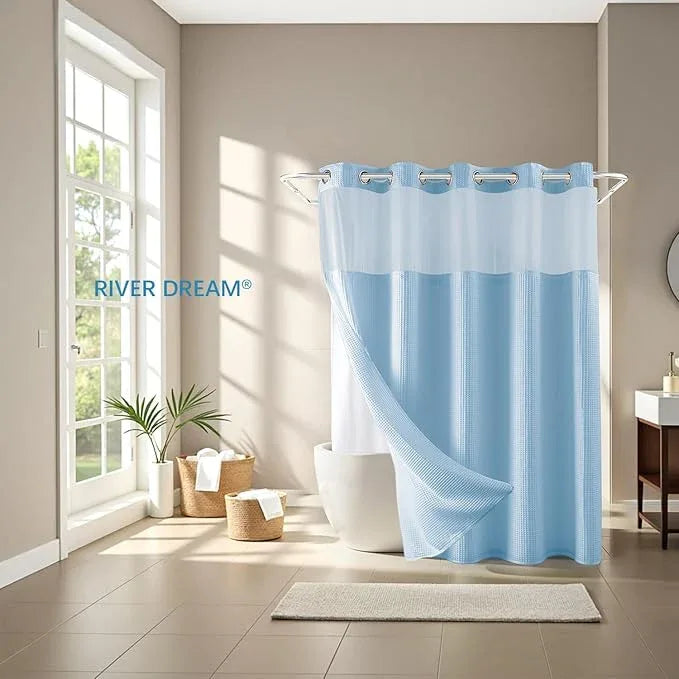 River Dream Sky Blue Fabric Shower Curtain Set, Cotton Blend, Waffle Weave, with Snap in Replacement Liner，71 x 74 inches - ModernBath